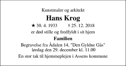 Dødsannoncen for Hans Krog - Assens