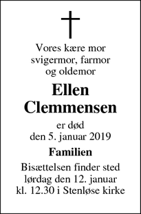 Dødsannoncen for Ellen Clemmensen - Odense