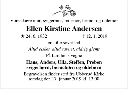 Dødsannoncen for Ellen Kirstine Andersen - Broby