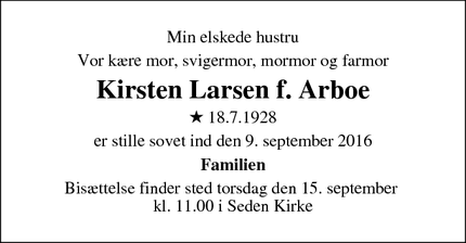 Dødsannoncen for Kirsten Larsen f. Arboe - Odense NØ