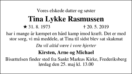 Dødsannoncen for Tina Lykke Rasmussen - Frederiksberg 