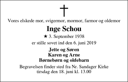 Dødsannoncen for Inge Schou - Bogense