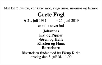 Dødsannoncen for Grete Fugl - Odense