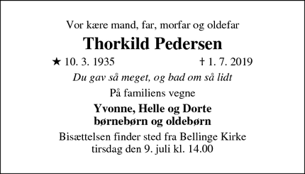Dødsannoncen for Thorkild Pedersen - Tommerup