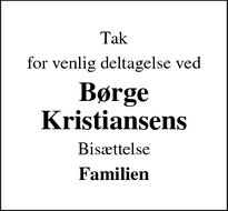 Dødsannoncen for Børge Kristiansens  - Agerbæk