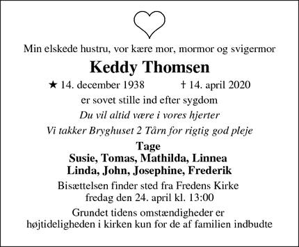 Dødsannoncen for Keddy Thomsen - Svendborg