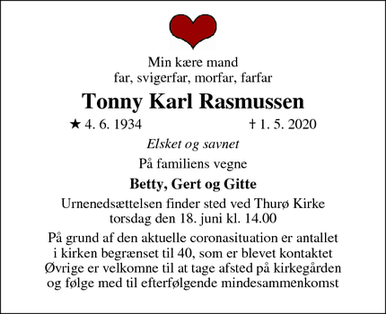 Dødsannoncen for Tonny Karl Rasmussen - Svendborg
