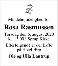 Dødsannoncen for Rosa Rasmussen - Svendborg