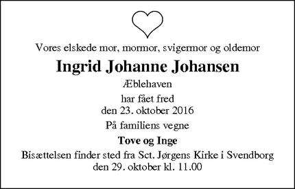 Dødsannoncen for Ingrid Johanne Johansen - Svendborg