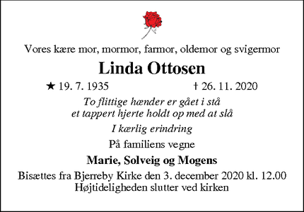 Dødsannoncen for Linda Ottosen - Tåsinge