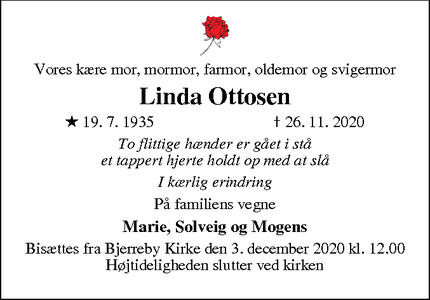Dødsannoncen for Linda Ottosen - Tåsinge