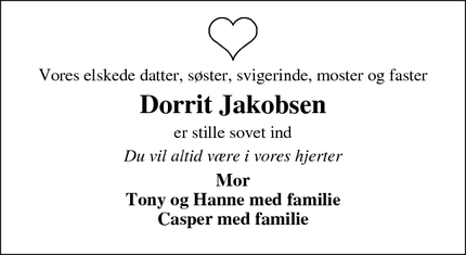 Dødsannoncen for Dorrit Jakobsen - Svendborg