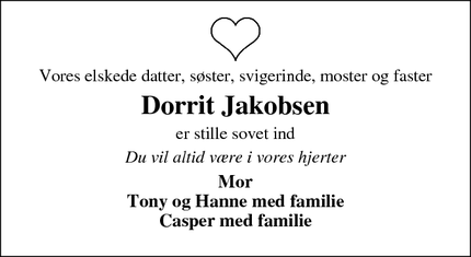 Dødsannoncen for Dorrit Jakobsen - Svendborg