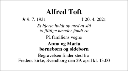 Dødsannoncen for Alfred Toft - Svendborg