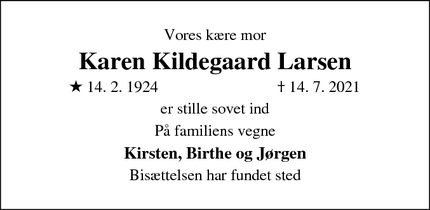 Dødsannoncen for Karen Kildegaard Larsen - Vester Skerninge