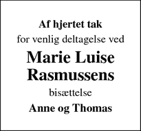 Taksigelsen for Marie Luise Rasmussens - Vester Skerninge