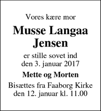 Dødsannoncen for Musse Langaa Jensen - Faaborg