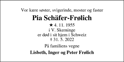 Dødsannoncen for Pia Schäfer-Frølich - Vester Skerninge