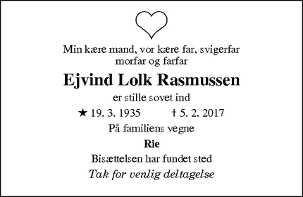 Dødsannoncen for Ejvind Lolk Rasmussen  - Svendborg