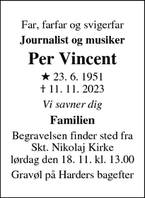 Dødsannoncen for Per Vincent - Vester Skerninge
