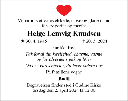 Dødsannoncen for Helge Lemvig Knudsen - Gudme