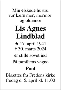 Dødsannoncen for Lis Agnes Lindblad - Vester Skerninge
