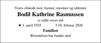 Dødsannoncen for Bodil Kathrine Rasmussen - Gentofte