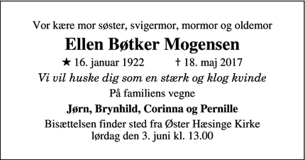 Dødsannoncen for Ellen Bøtker Mogensen - Middelfart
