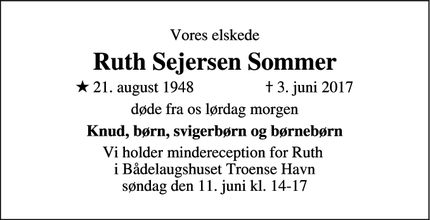 Dødsannoncen for Ruth Sejersen Sommer - Troense, 5700 Svendborg