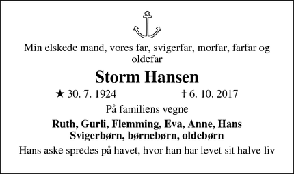 Dødsannoncen for Storm Hansen - Marstal Ærø