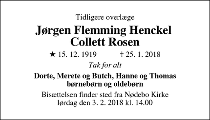 Dødsannoncen for Jørgen Flemming Henckel 
Collett Rosen - Rudkøbing