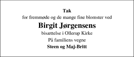 Taksigelsen for Birgit Jørgensens  - Ollerup