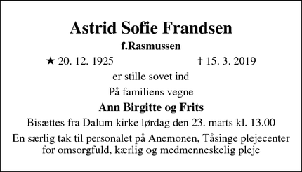 Dødsannoncen for Astrid Sofie Frandsen - Odense