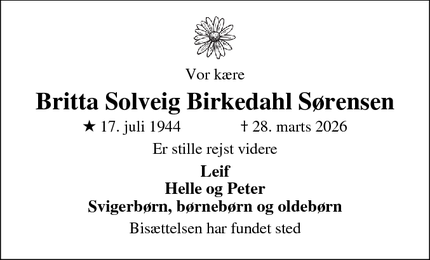 Dødsannoncen for Britta Solveig Birkedahl S&oslash;rensen - Galten