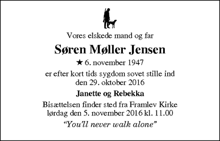 Dødsannoncen for Søren Møller Jensen - Framlev