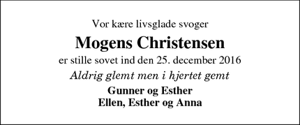 Dødsannoncen for Mogens Christensen - Skovby