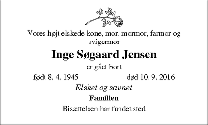 Dødsannoncen for Inge Søgaard Jensen - Storring