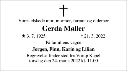 Dødsannoncen for  Gerda Møller - Randers