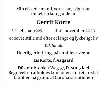 Dødsannoncen for  Gerrit Körte - Solrød Strand
