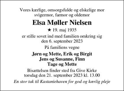 Dødsannoncen for Elsa Møller Nielsen - Give
