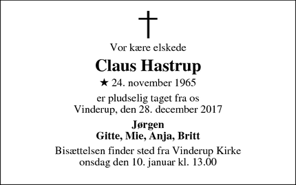 Dødsannoncen for Claus Hastrup - Give