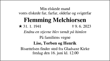 Dødsannoncen for Flemming Melchiorsen - Gladsaxe