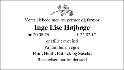 Dødsannoncen for Inge Lise Højbøge - Glumsø