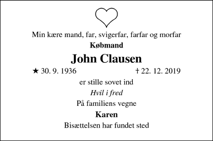 Dødsannoncen for John Clausen - glumsø