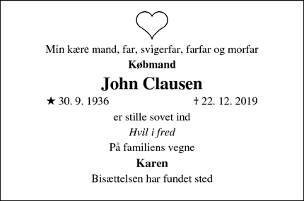 Dødsannoncen for John Clausen - glumsø