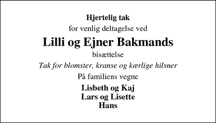 Taksigelsen for Lilli og Ejner Bakmand - Allingåbro