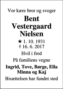 Dødsannoncen for Bent Vestergaard Nielsen - Grenå