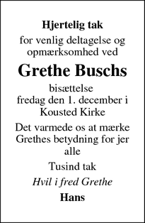 Dødsannoncen for  Grethe Buschs - Sønderbæk