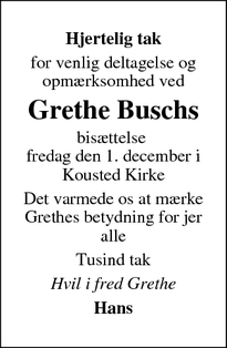 Dødsannoncen for  Grethe Buschs - Sønderbæk