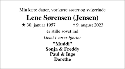 Dødsannoncen for Lene Sørensen (Jensen) - Gråsten